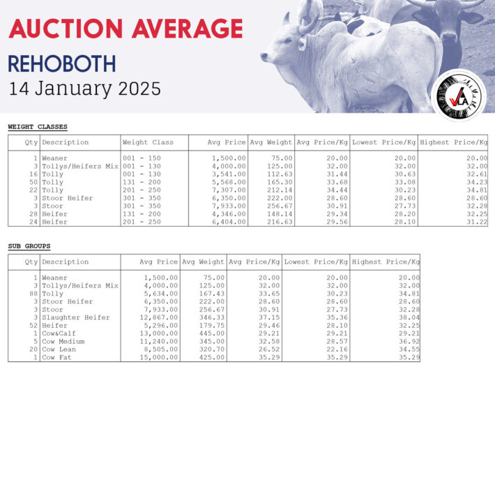 Auction Average - Rehoboth 14 January 2025