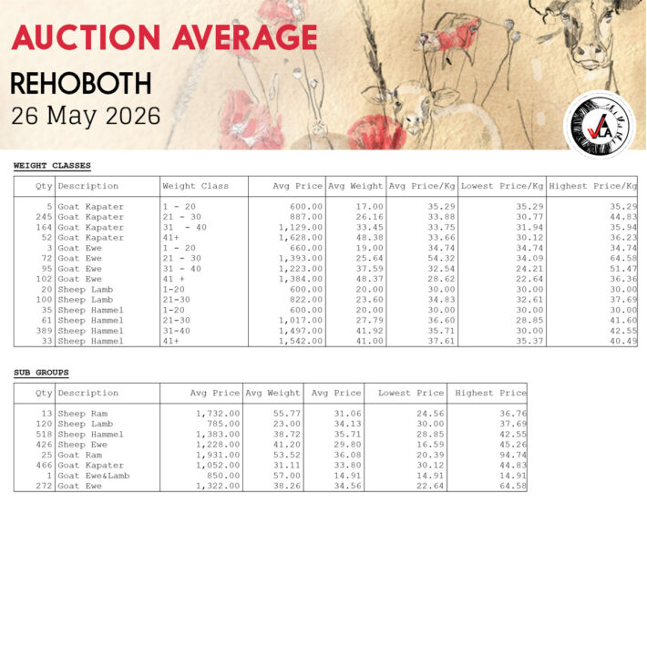 Auction Average - Rehoboth 26 May 2026