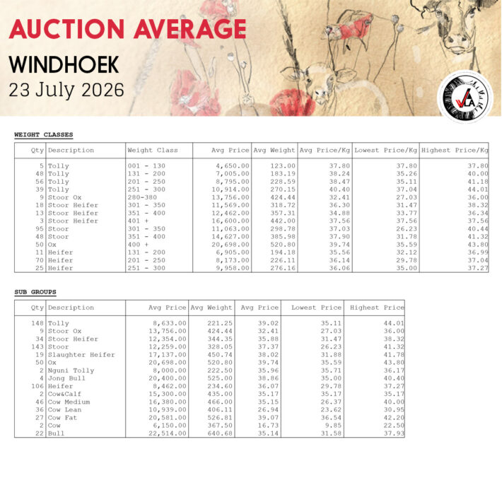 Auction Average - Windhoek 23 July 2026