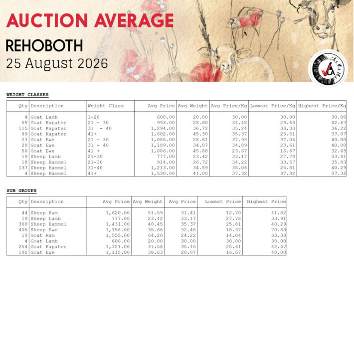 Auction Average - Rehoboth 25 August 2026
